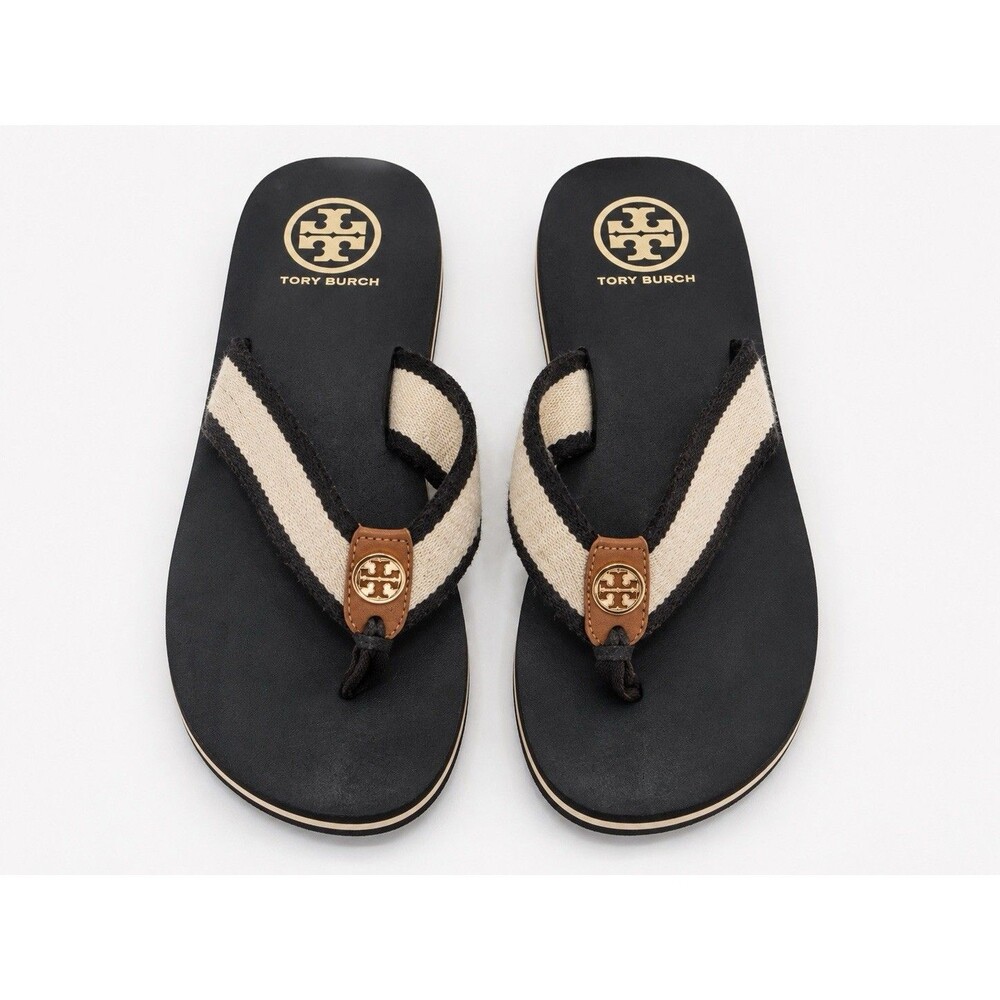Tory Burch Flip Flop Sandals Black Cream Logo Thong Summer Beach Slides 10